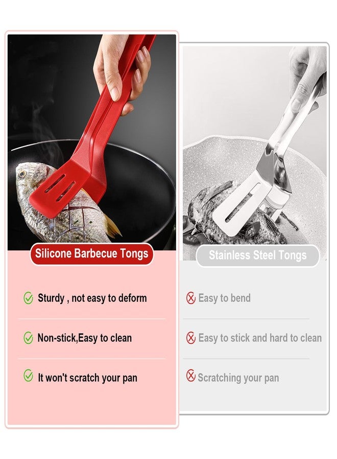 KIBBEH Silicone Cooking Tongs, Premium Stainless Steel Silicone Barbecue Clamp, Multipurpose BBQ Clamp Spatula for Gripper Bread Clip, Fried Steak Clamp, Flipping Fish, Toast Salad Tongs, Red（11 Inch） - Image 2
