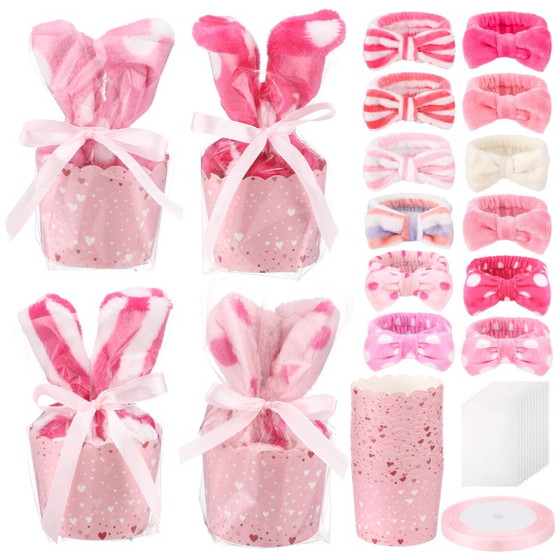 FineCheer 12 Set Galentines Day Gift for Women Valentines Cupcake Headband DIY Gift for Her Include Pink Bow Fuzzy Headbands Cupcake Cup Transparent Bag and Ribbon for Valentines Galentines Day - Image 1