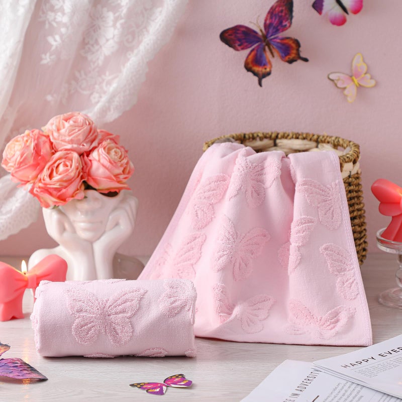 FuWeave 2 Pcs Pink Butterfly Hand Towels for Bathroom Spring Butterfly Hand Towels 100% Cotton Absorbent Decorative Jacquard Weave Bath Decor Preppy Bathroom Decor Gift, 13.7 x 29.5 Inch - Image 2