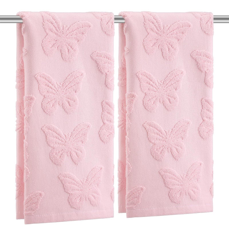 FuWeave 2 Pcs Pink Butterfly Hand Towels for Bathroom Spring Butterfly Hand Towels 100% Cotton Absorbent Decorative Jacquard Weave Bath Decor Preppy Bathroom Decor Gift, 13.7 x 29.5 Inch - Image 1