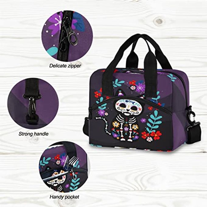 Glaphy Cat Sugar Skull Lunch Bag, Insulated Lunch Tote Bags Cooler Lunch Box Food Container for Women Men Adults - Image 3