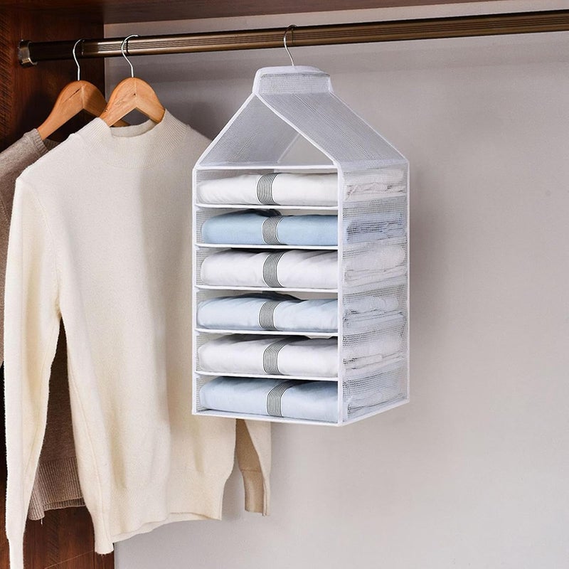 KEETII MART KEETII MART Hanging Wardrobe Storage Organiser with 6 Shelves PVC Hanging Shelves with Metal Hooks Foldable and Washable Hanging Wardrobe Organiser for Sweaters Shirts Trousers  - Image 2