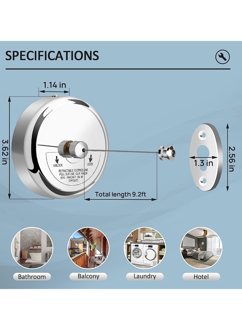 VUCATIN حبل غسيل قابل للسحب، حبل غسيل لتجفيف الملابس شديد التحمل، حبل تجفيف الملابس المثبت على الحائط للاستخدام الداخلي والخارجي، حبل قابل للسحب من الفولاذ المقاوم للصدأ (فولاذ مقاوم للصدأ بطول 9.2 قدم) - Image 2