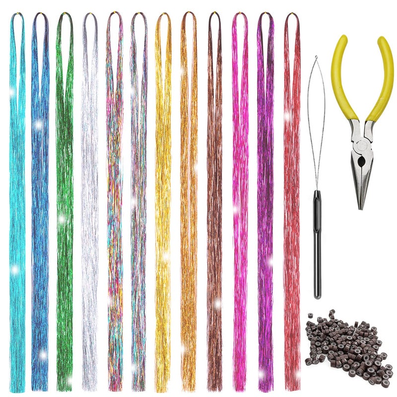 Edoneery Hair Tinsel Kit 12 Colors Hair Extensions 48 Inches 2500 Strands Sparkling Tinsel for Christmas New Year Halloween Cosplay Party Fairy Tinsel Kit - Image 1