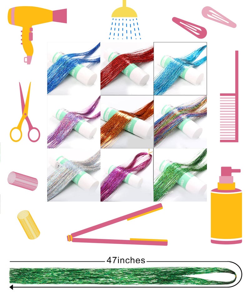 Edoneery Hair Tinsel Kit 12 Colors Hair Extensions 48 Inches 2500 Strands Sparkling Tinsel for Christmas New Year Halloween Cosplay Party Fairy Tinsel Kit - Image 2