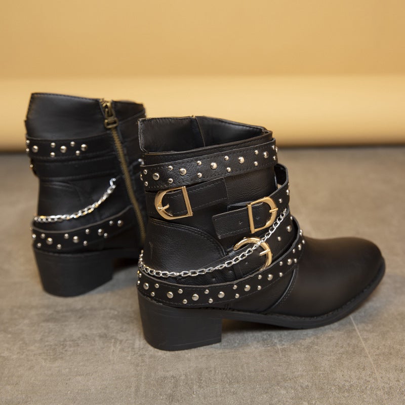 2023 Short Boots Thick Heel Plus Size Belt Buckle Short Boots Rivet Fashion Boots - Image 5