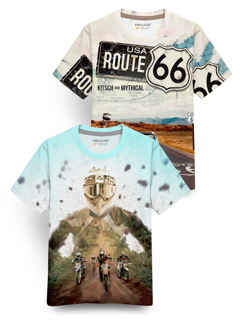 HELLCAT Trendy Front & Back Graphic Printed Cotton Blend Half Sleeve Premium Round Neck Tshirt for Boys - Pack of 2 Beige2/Mint Green 7-8 Years - Image 1