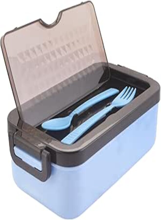Spaceshoop Worl-421 Plastic Lunch Box With Spoon And Fork, Blue And Black