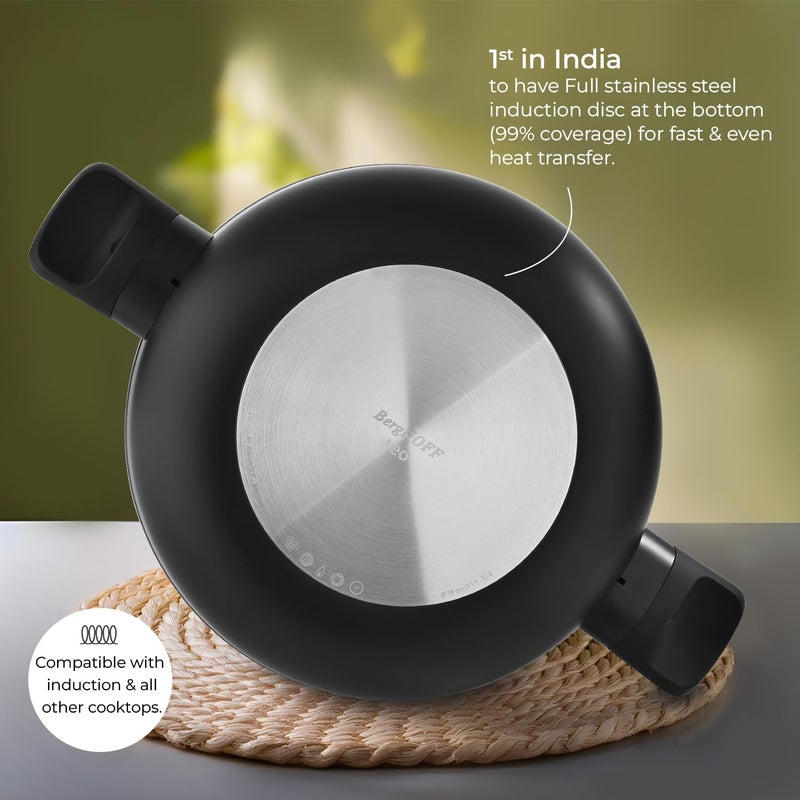 Berghoff 24cm Recycled Aluminum Non-Stick Cooking Kadhai & Toughened Glass Lid | CeraGreen Ceramic Coating | PTFE, PFAS Free | Induction, Dishwasher Ready | Black | 5 Yr Warranty - Image 3