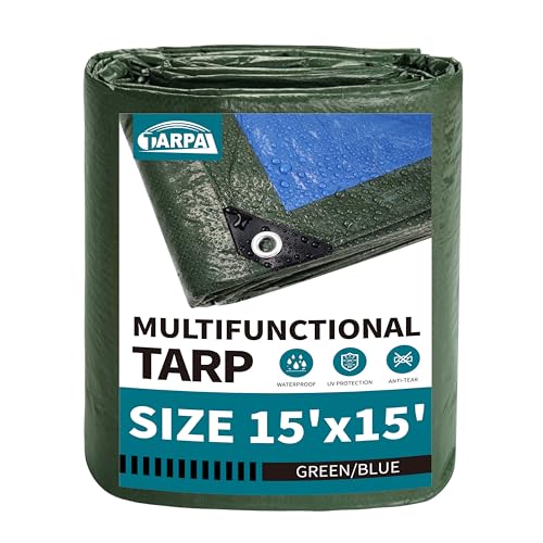 TARPAL 15x15 Feet Green Tarp Waterproof Multipurpose Protective Cover All Purpose Poly Tarps Cover for Pool Outdoor Furniture Camping Firewood BoatRoof Waterproofing - Image 1