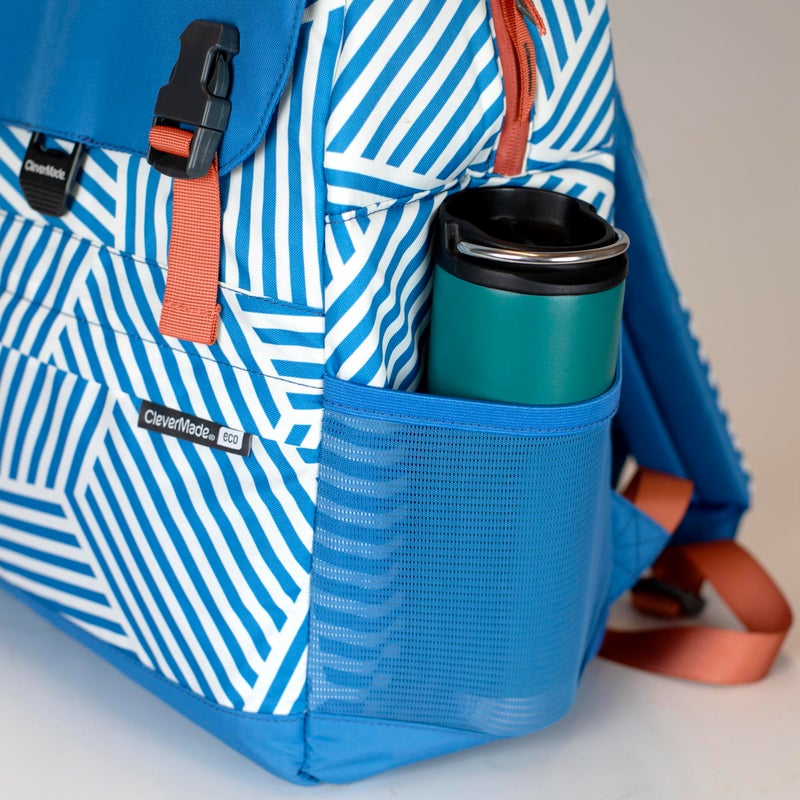 CleverMade Insulated Backpack Cooler Bag - 18 Can Leakproof Cooler Backpack with Bottle Opener, Outer Zippered Storage and Mesh Side Pockets for Lunch, Work, Picnic, and Camping - Blue Stripe - Image 4