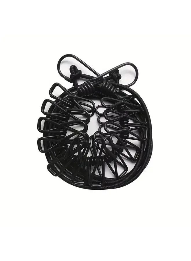 Black Expandable Portable Travel Clothes Drying Rope Windproof Retractable With 12 Clips - Image 1