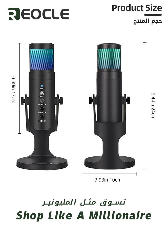 USB Condenser Microphone Compatible with Desktop/PC/MAC/Ps4 RGB Lighting Computer Mic with Noise Cancelling & Reverb Studio Podcast Mic for Voice Music Recording Podcasting Stream Game & Vocal