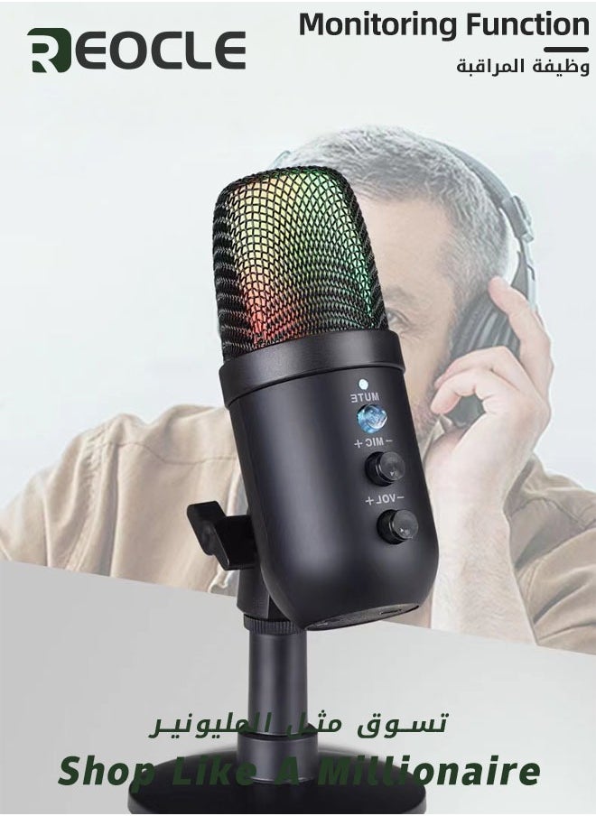 REOCLE USB Condenser Microphone Compatible with Desktop/PC/MAC/Ps4 RGB Lighting Computer Mic with Noise Cancelling & Reverb Studio Podcast Mic for Voice Music Recording Podcasting Stream Game & Vocal  - Image 4