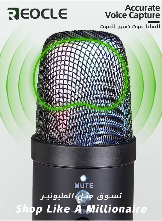 REOCLE USB Condenser Microphone Compatible with Desktop/PC/MAC/Ps4 RGB Lighting Computer Mic with Noise Cancelling & Reverb Studio Podcast Mic for Voice Music Recording Podcasting Stream Game & Vocal  - Image 2