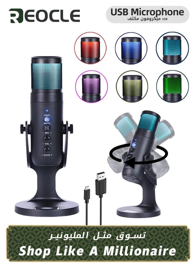 USB Condenser Microphone Compatible with Desktop/PC/MAC/Ps4 RGB Lighting Computer Mic with Noise Cancelling & Reverb Studio Podcast Mic for Voice Music Recording Podcasting Stream Game & Vocal