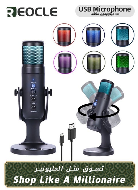 USB Condenser Microphone Compatible with Desktop/PC/MAC/Ps4 RGB Lighting Computer Mic with Noise Cancelling & Reverb Studio Podcast Mic for Voice Music Recording Podcasting Stream Game & Vocal