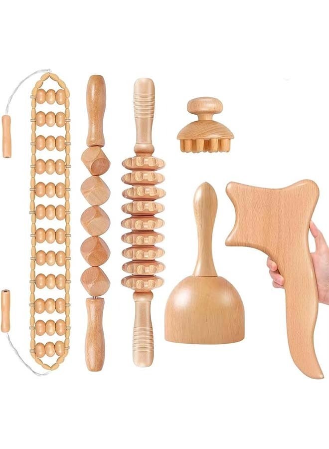 Topyich 6 Piece Wooden Therapy Set，Therapy Tools for Body Muscle Pain Relief Wooden Body Face Sculpting Tools Wood Roller Massager, Fascia Massage  - Image 1