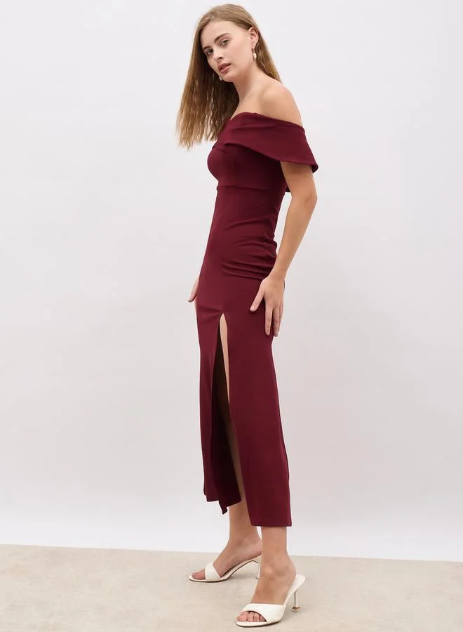 Styli Styli Off Shoulder Sheath Maxi Dress with Front Split
