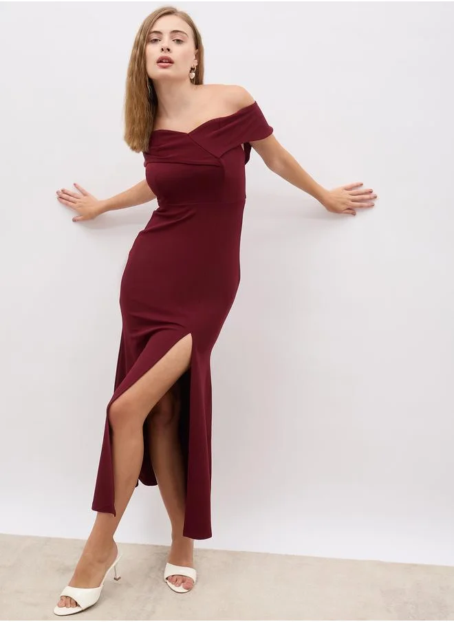 ستايلي Styli Off Shoulder Sheath Maxi Dress with Front Split