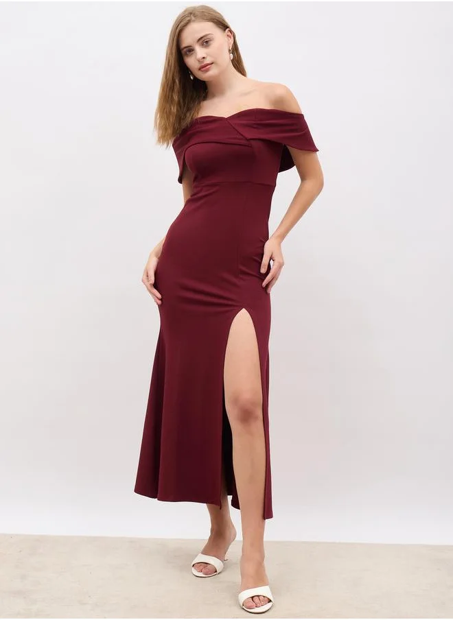 ستايلي Styli Off Shoulder Sheath Maxi Dress with Front Split