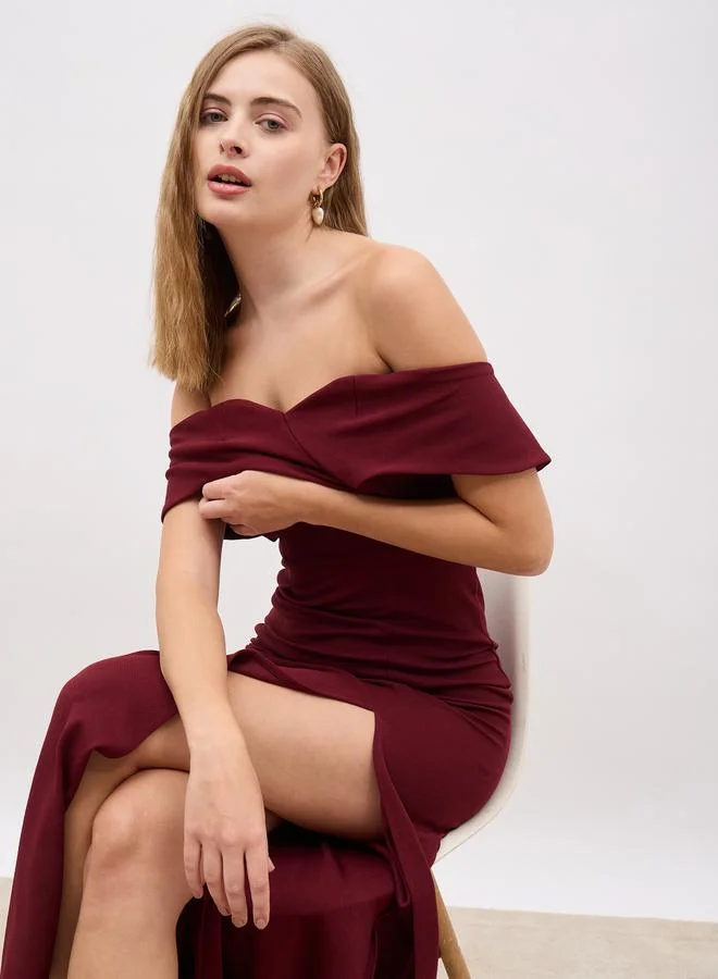 Styli Styli Off Shoulder Sheath Maxi Dress with Front Split