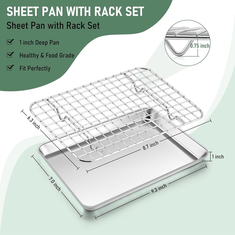 Homikit Toaster Oven Pan with Rack Set, 9 x 7 Inch Baking Sheet with Wire Rack, Stainless Steel Cookie Sheets for Baking, Small Cookie Sheets Bacon Tray with Cooling Rack, Rust Free & Dishwasher Safe - Image 2