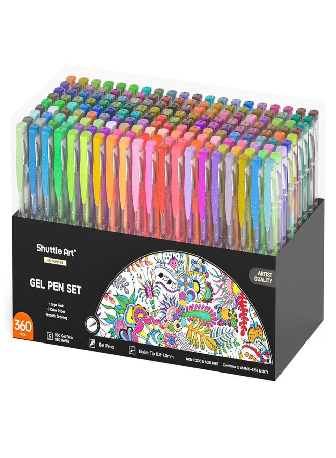 Shuttle Art 360 Pack Gel Pens Set, 180 Colors Gel Pen Set Plus 180 Color Refills Perfect for Adult Coloring Books Doodling Drawing Art Markers - Image 1