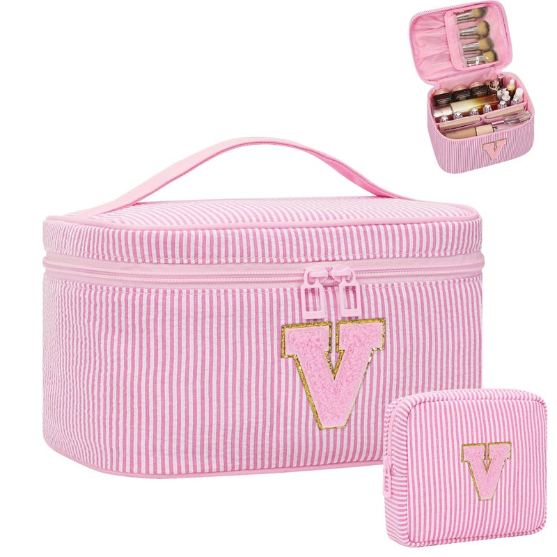 MONSTINA Personalized Initial Makeup Bag Set for GirlsWomenPersonalized Make Up Case for Girlfriend Graduation Teacher GiftsCute Toiletry Bag Preppy Chenille Letter Patch2PCSPink V - Image 2