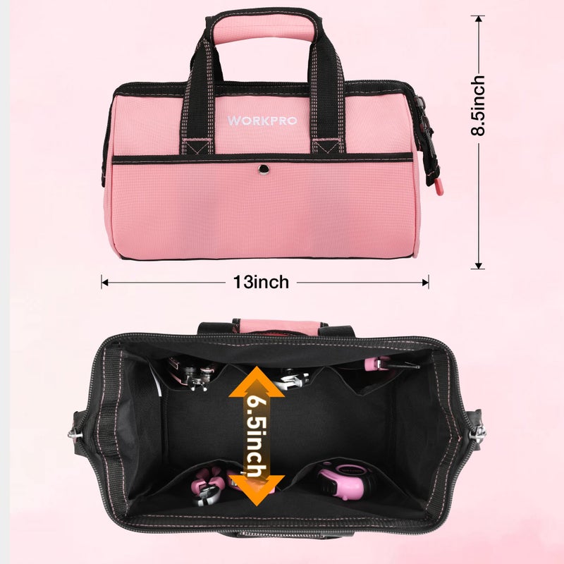WORKPRO 13-Inch Tool Bag, Pink Soft Cloth Tool Storage Bags, Wide Mouth Tool Tote Bag with Inside Pockets - Pink Ribbon - Image 3