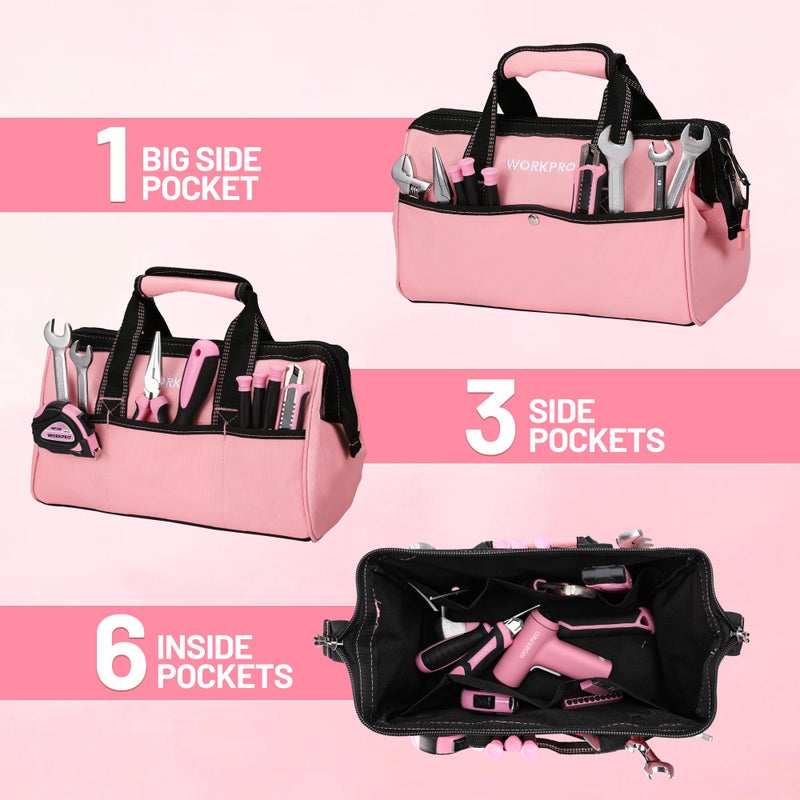 WORKPRO 13-Inch Tool Bag, Pink Soft Cloth Tool Storage Bags, Wide Mouth Tool Tote Bag with Inside Pockets - Pink Ribbon - Image 5