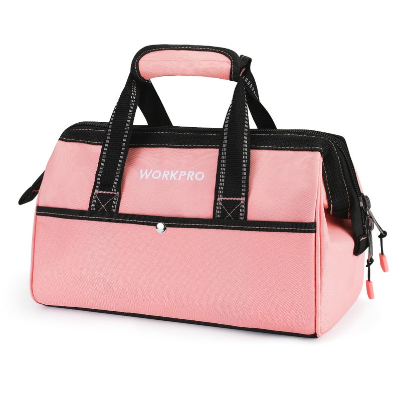 WORKPRO 13-Inch Tool Bag, Pink Soft Cloth Tool Storage Bags, Wide Mouth Tool Tote Bag with Inside Pockets - Pink Ribbon - Image 1