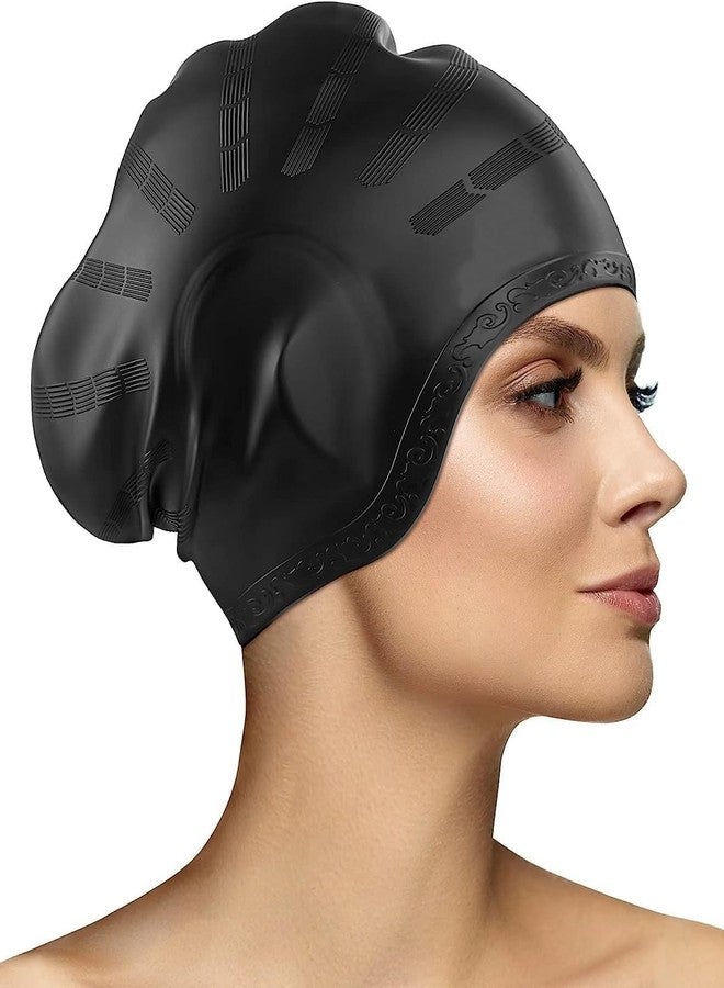 Besque Latest Designed Long Hair Swim Cap,Waterproof Silicone Swimming Cap for Adult Woman and Men,Keeps Hair Clean with Ear Protector Fresh Long Lasting Silicone Made Waterproof Swimming Cap (Black) - Image 1