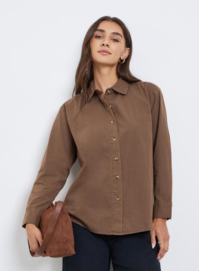 Styli Brown Long Sleeve Acid Wash Shirt - Image 1