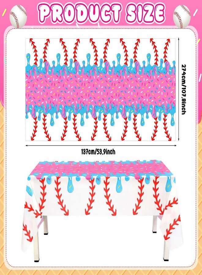 Remagr 2 Pcs Ice Cream Baseball Tablecloth Ice Cream Drip Baseball Party Decorations Pink Blue Plastic Table Covers for Sport Party Birthday Decoration Baby Shower Summer, 54 x 108 Inch - Image 2