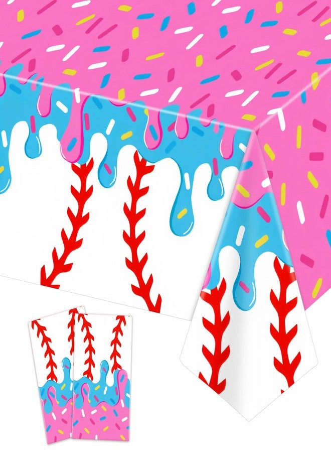 Remagr 2 Pcs Ice Cream Baseball Tablecloth Ice Cream Drip Baseball Party Decorations Pink Blue Plastic Table Covers for Sport Party Birthday Decoration Baby Shower Summer, 54 x 108 Inch - Image 1