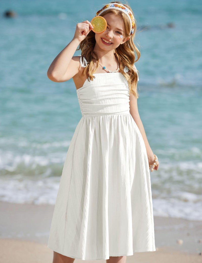 Arshiner Teen Girl Dresses Summer Maxi Long Spaghetti Strap White Wedding Boho Girls Dress 12-14 - Image 5
