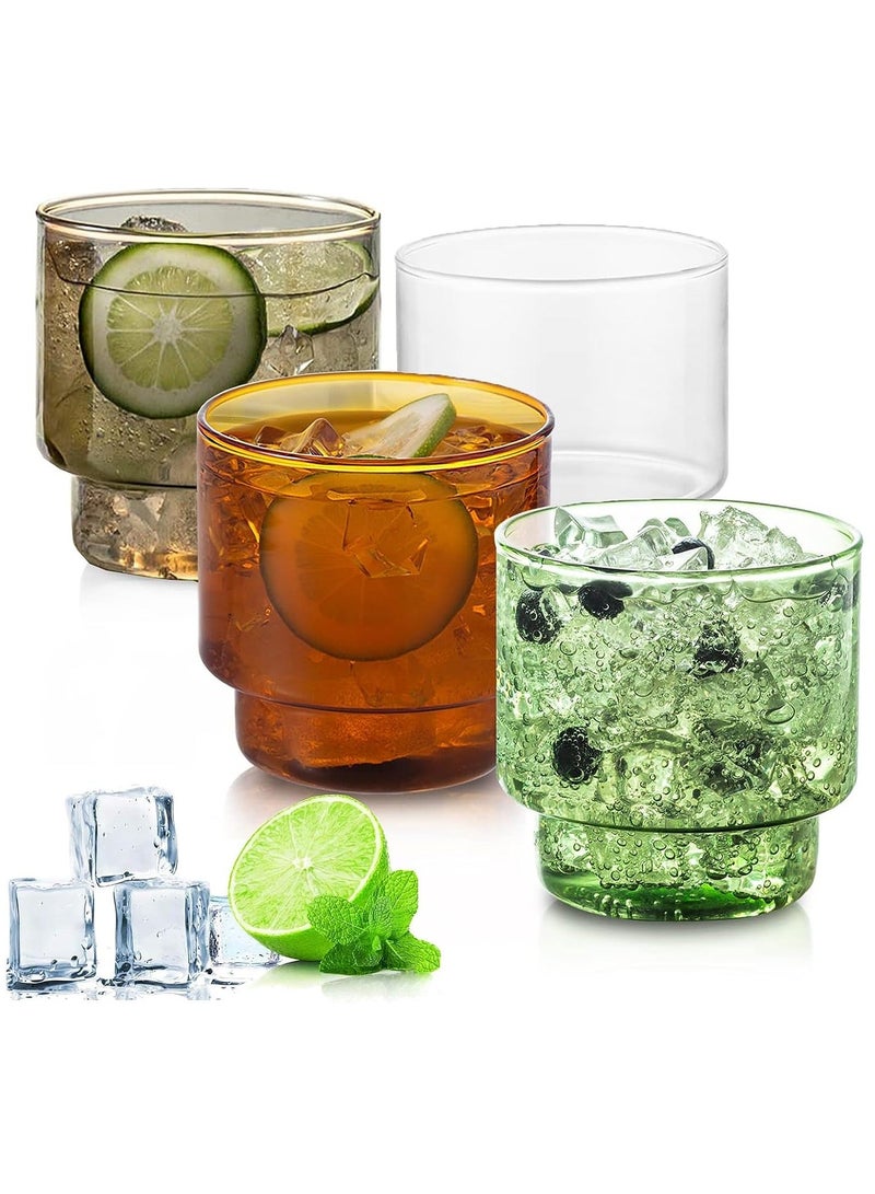 Vintage Glassware Set of 4, Creative Glass Cups, Stackable Colored Drinking Glass Cups, Premium Glass Tumbler for Hot & Cold Beverages, Milk, Juice or Juice  - Image 1