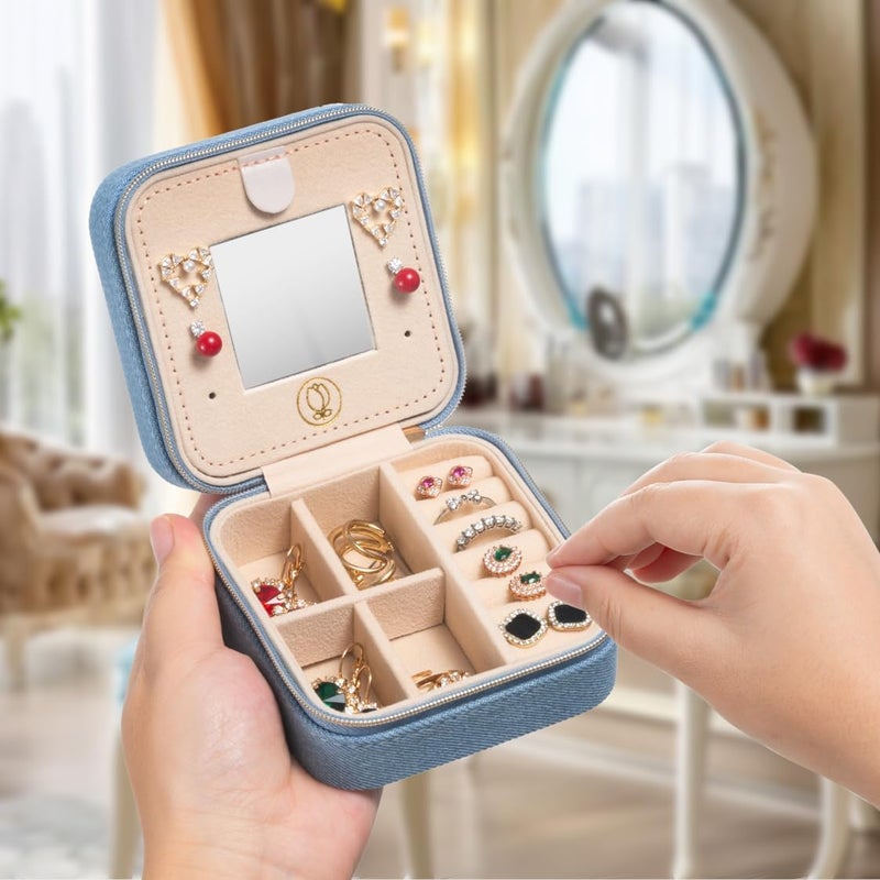 ZPROW Denim Travel Jewelry Case, Travel Jewelry Organizer, Jewelry Travel Case, Travel Jewelry Box, Small Jewelry Case, Jewelry Travel Box, Earring Organizer with Mirror - LightBlue - Image 5