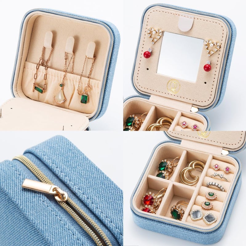 ZPROW Denim Travel Jewelry Case, Travel Jewelry Organizer, Jewelry Travel Case, Travel Jewelry Box, Small Jewelry Case, Jewelry Travel Box, Earring Organizer with Mirror - LightBlue - Image 4