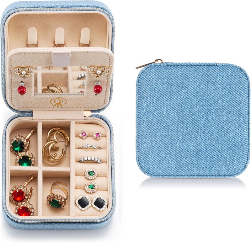 ZPROW Denim Travel Jewelry Case, Travel Jewelry Organizer, Jewelry Travel Case, Travel Jewelry Box, Small Jewelry Case, Jewelry Travel Box, Earring Organizer with Mirror - LightBlue - Image 1
