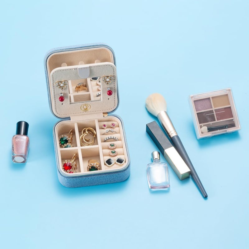 ZPROW Denim Travel Jewelry Case, Travel Jewelry Organizer, Jewelry Travel Case, Travel Jewelry Box, Small Jewelry Case, Jewelry Travel Box, Earring Organizer with Mirror - LightBlue - Image 3