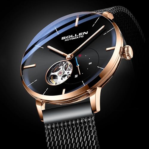 SOLLEN Men's Automatic Watch, Original Mechanical Movement - 3ATM Water Resistant - Skeleton Design & Luminous Hands - Small Second Dial & Stainless Steel Case, Minimalist Casual Gifts for Men - Image 4