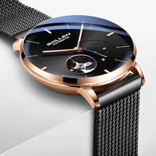 SOLLEN Men's Automatic Watch, Original Mechanical Movement - 3ATM Water Resistant - Skeleton Design & Luminous Hands - Small Second Dial & Stainless Steel Case, Minimalist Casual Gifts for Men - Image 5