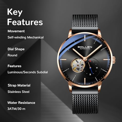 SOLLEN Men's Automatic Watch, Original Mechanical Movement - 3ATM Water Resistant - Skeleton Design & Luminous Hands - Small Second Dial & Stainless Steel Case, Minimalist Casual Gifts for Men - Image 2