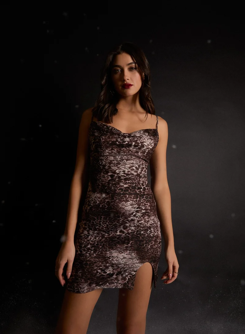 Pink Vanilla  Leopard Lace Strappy Mini Dress With Side Slit for Women | Best Price UAE