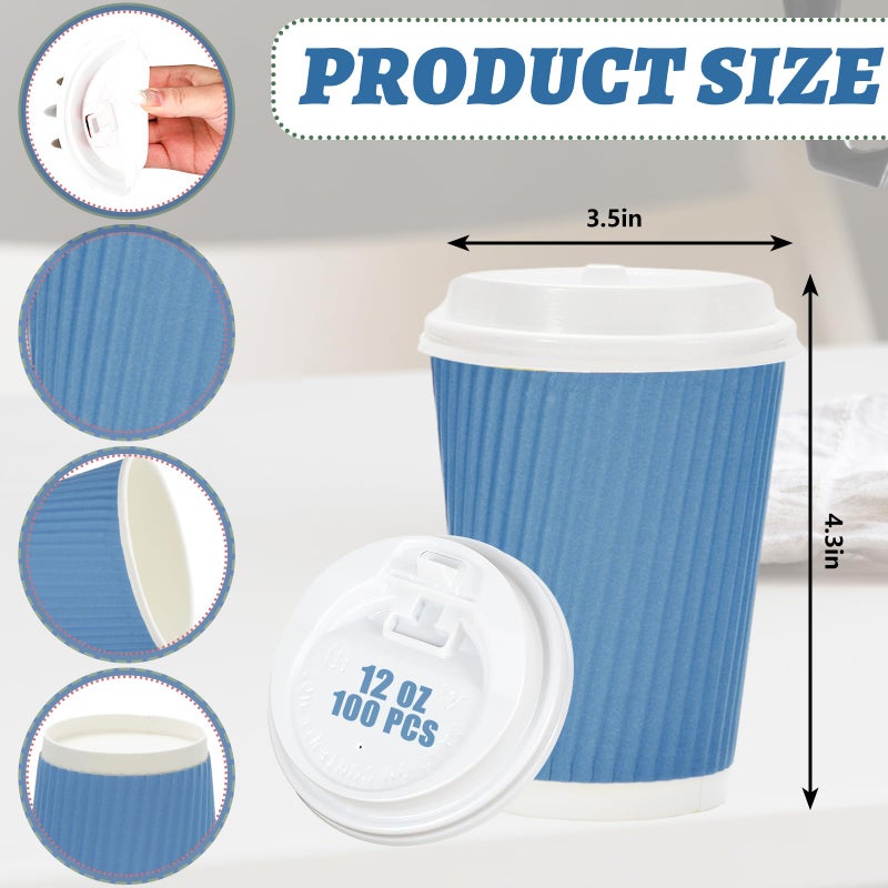 Whaline 100Pcs Dusty Blue Disposable Coffee Cups with Lids 12oz Gradient Blue Summer Paper Cups Corrugated Ripple Wall Insulated Hot Cups for Home Office Party Supplies - Image 2