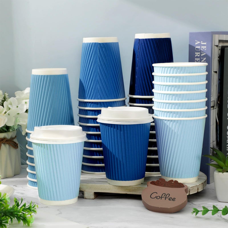 Whaline 100Pcs Dusty Blue Disposable Coffee Cups with Lids 12oz Gradient Blue Summer Paper Cups Corrugated Ripple Wall Insulated Hot Cups for Home Office Party Supplies - Image 4