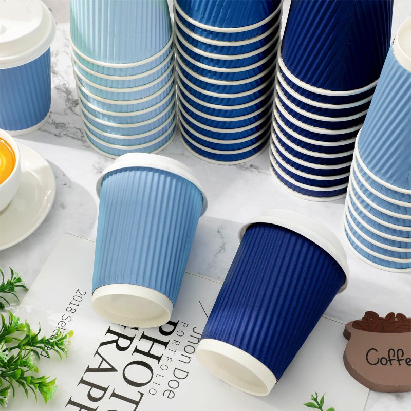 Whaline 100Pcs Dusty Blue Disposable Coffee Cups with Lids 12oz Gradient Blue Summer Paper Cups Corrugated Ripple Wall Insulated Hot Cups for Home Office Party Supplies - Image 3