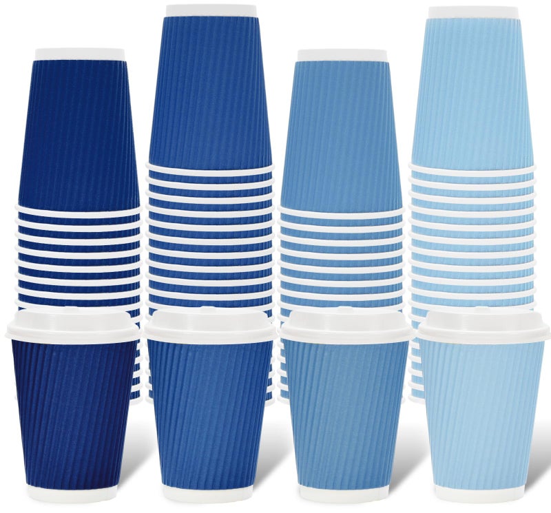 Whaline 100Pcs Dusty Blue Disposable Coffee Cups with Lids 12oz Gradient Blue Summer Paper Cups Corrugated Ripple Wall Insulated Hot Cups for Home Office Party Supplies - Image 1